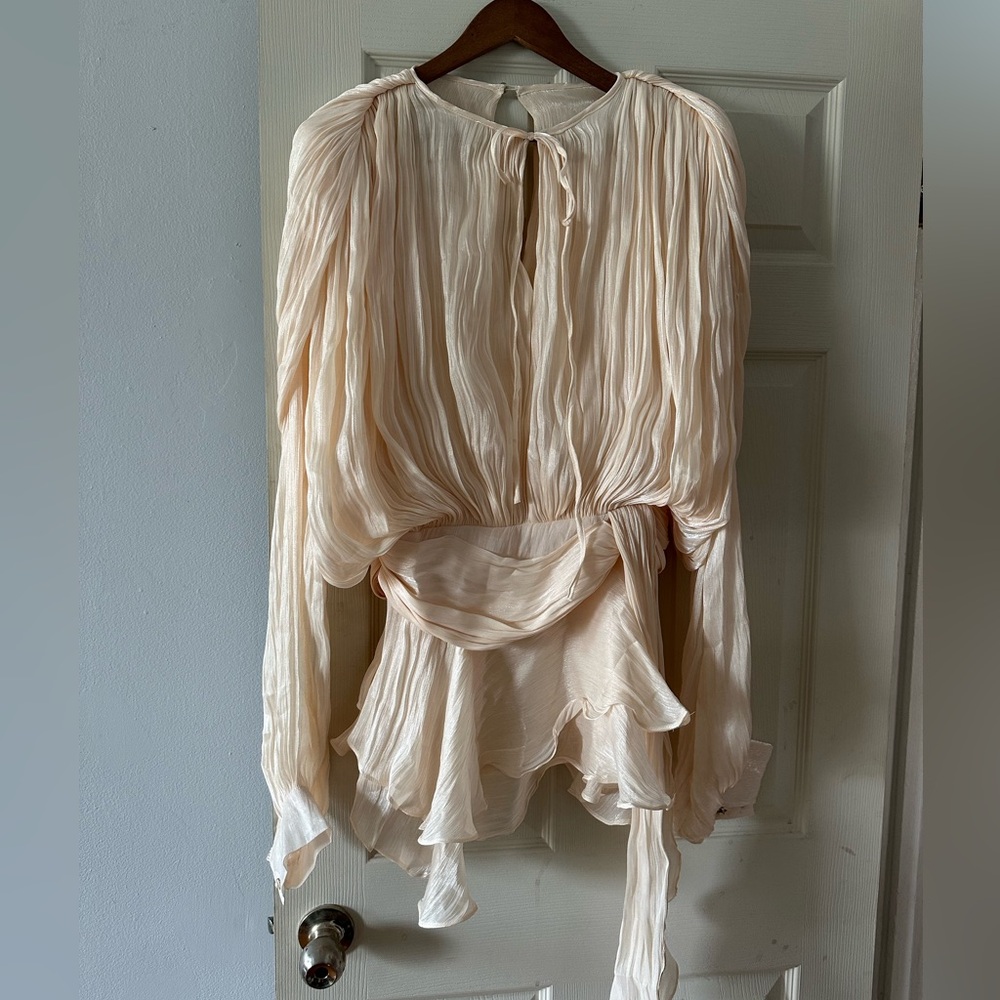 Beige Tan Mini Dress Ruffles Hem Lantern Sleeve. Fabric Semi sheer  Sparkling